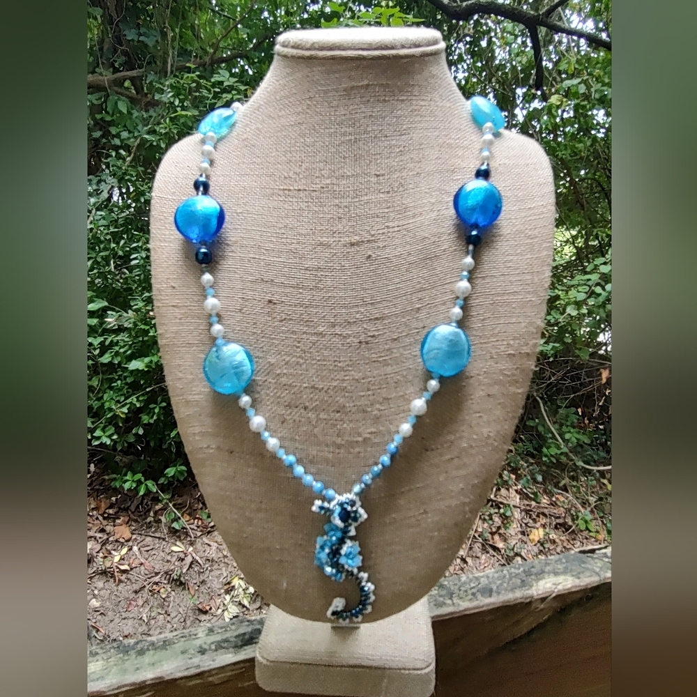 Blue seahorse necklace statement piece